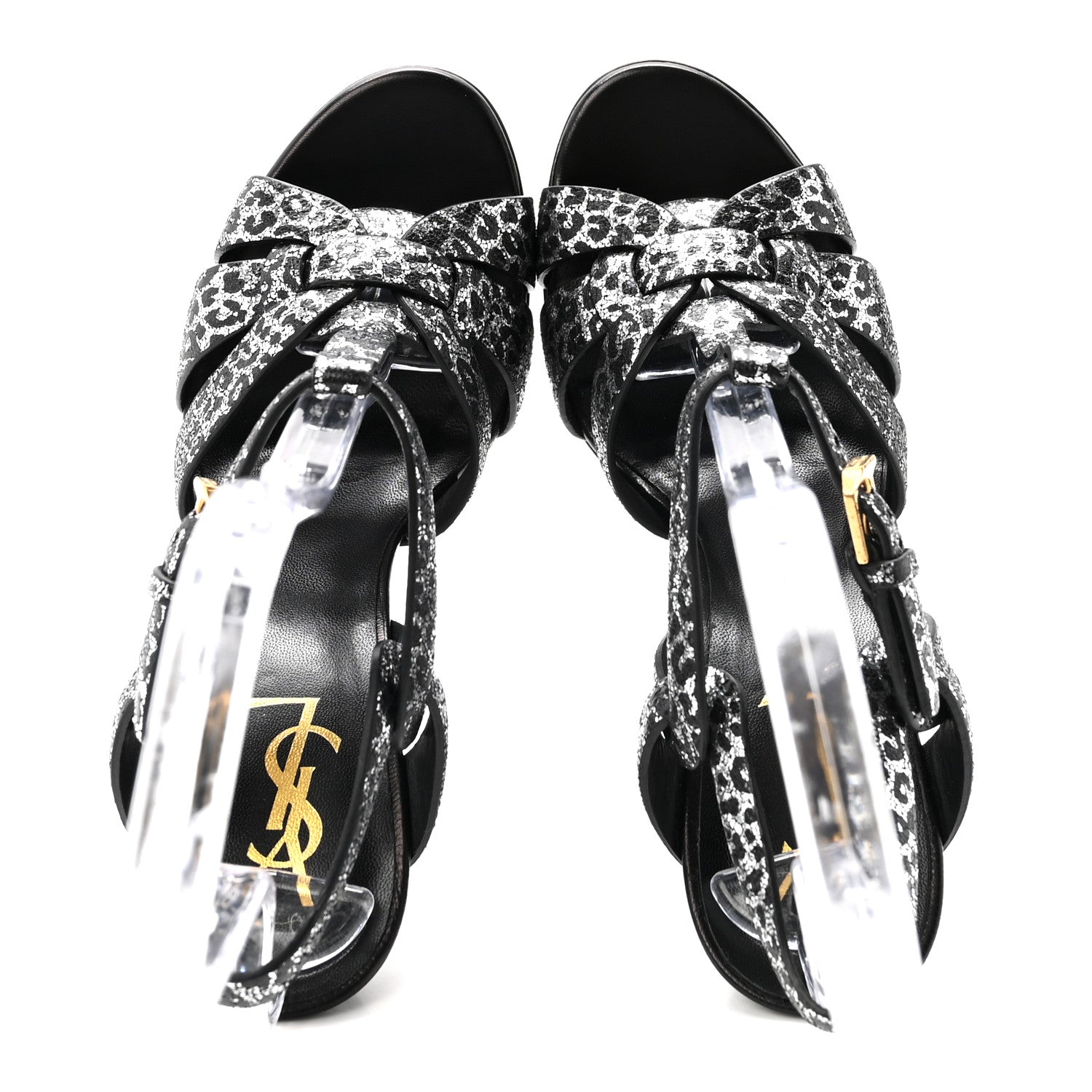 Saint Laurent Metallic Calfskin Leopard Print Tribute 105 Platform Sandals 36.5  Black Silver 2 of 10