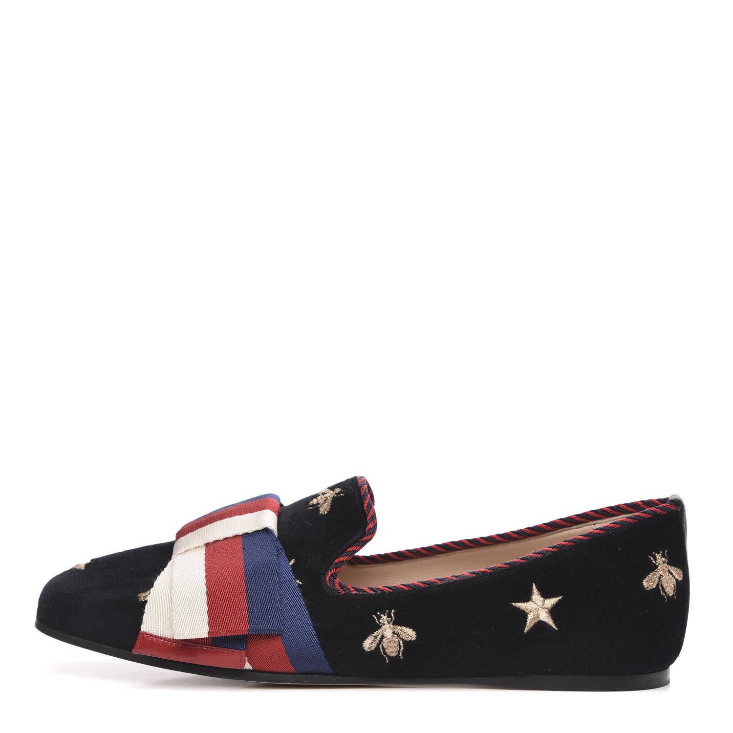 Gucci Velvet Bee Star Embroidered Sylvie Bow Loafers 36 Black 1 of 9
