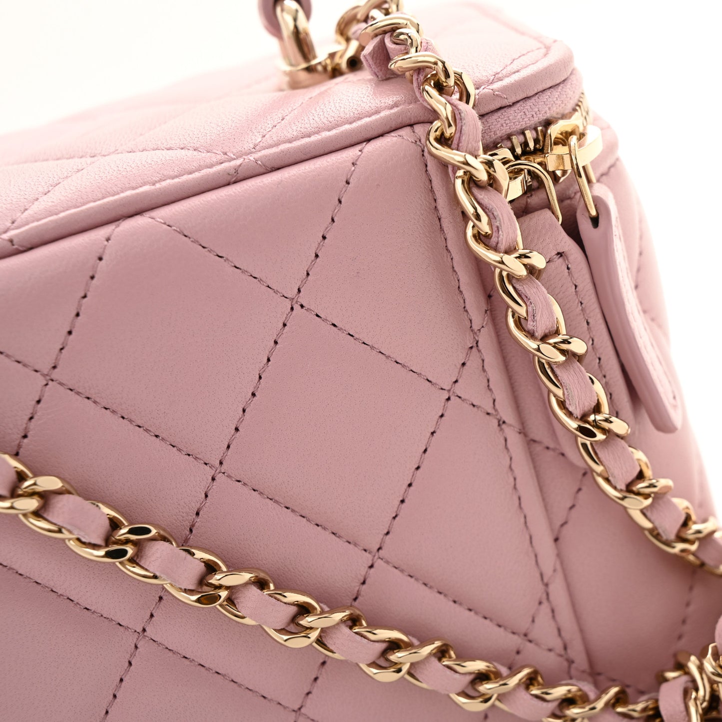 Lambskin Quilted Small Top Handle Vanity Case With Chain Pink