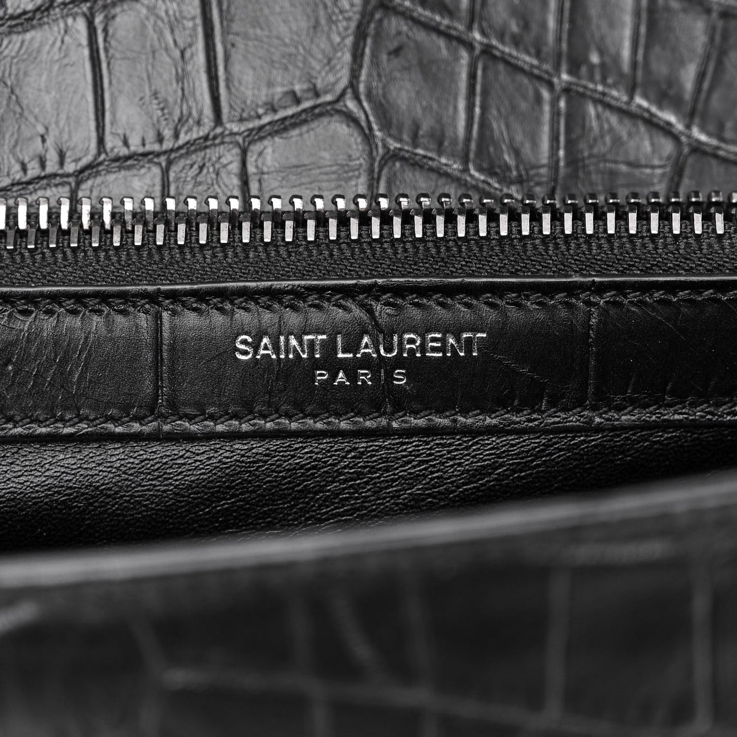 Calfskin Crocodile Embossed College Monogram Satchel Black