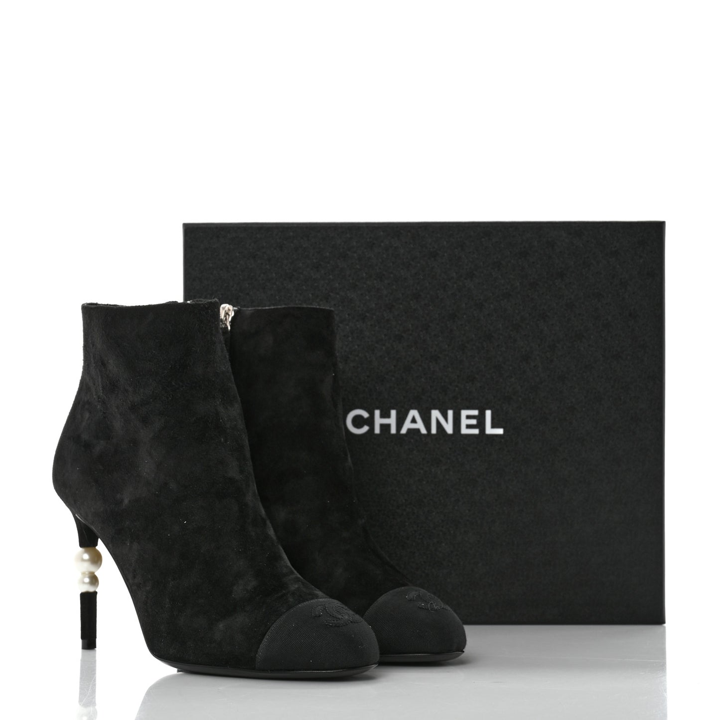 Suede Grosgrain Pearl Ankle Boots 38.5 Black