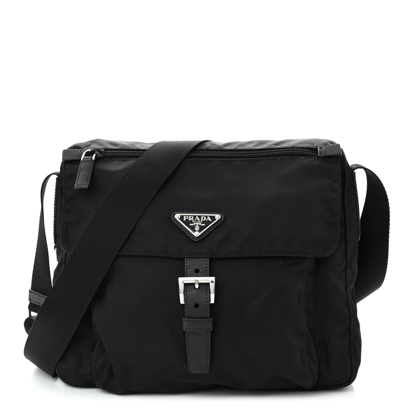 Nylon Vela Saffiano Single Buckle Messenger Shoulder Bag Black
