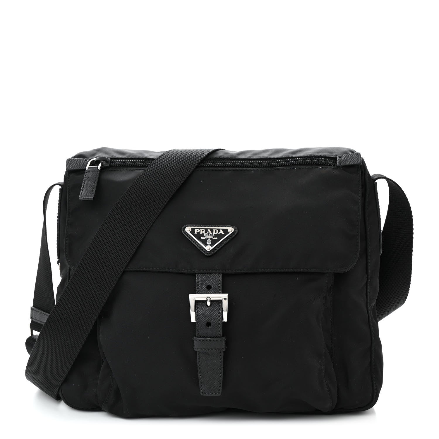 Prada Nylon Vela Saffiano Single Buckle Messenger Shoulder Bag Black 1 of 10