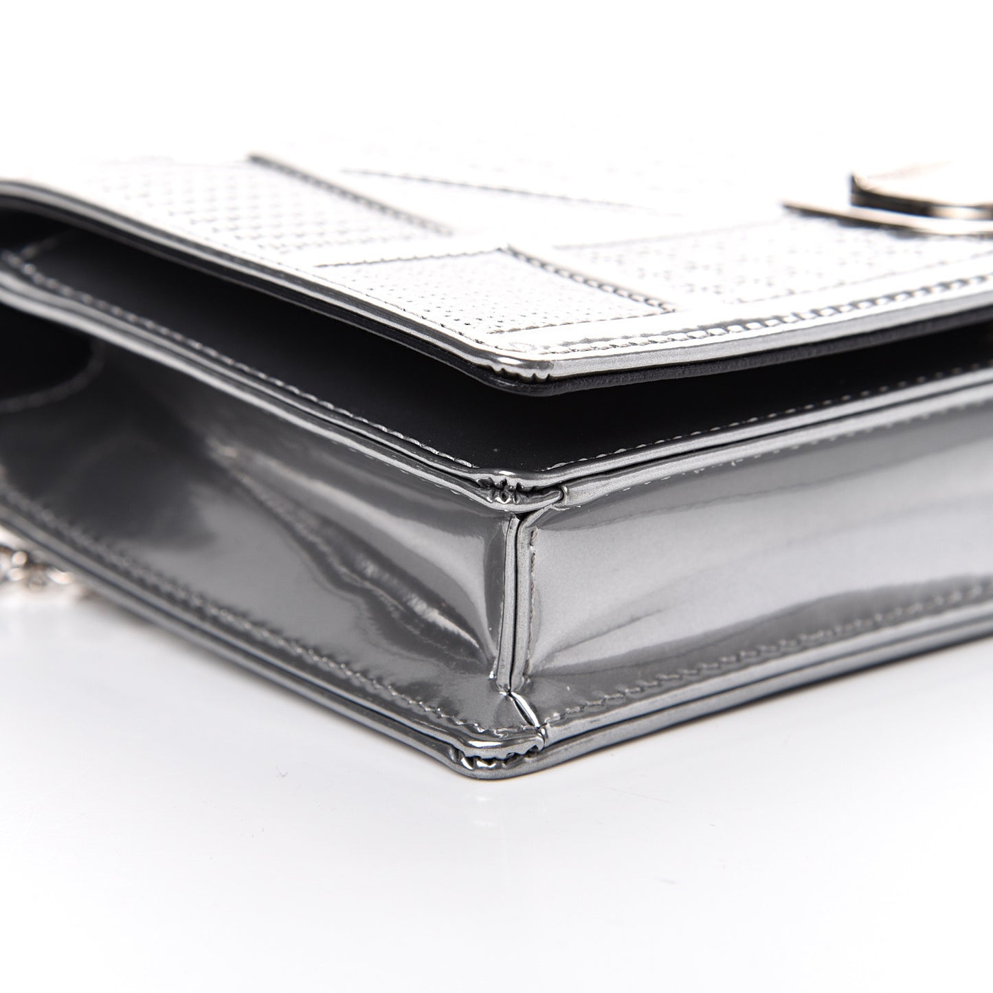 Metallic Patent Micro-Cannage Diorama Wallet on Chain Pouch Silver
