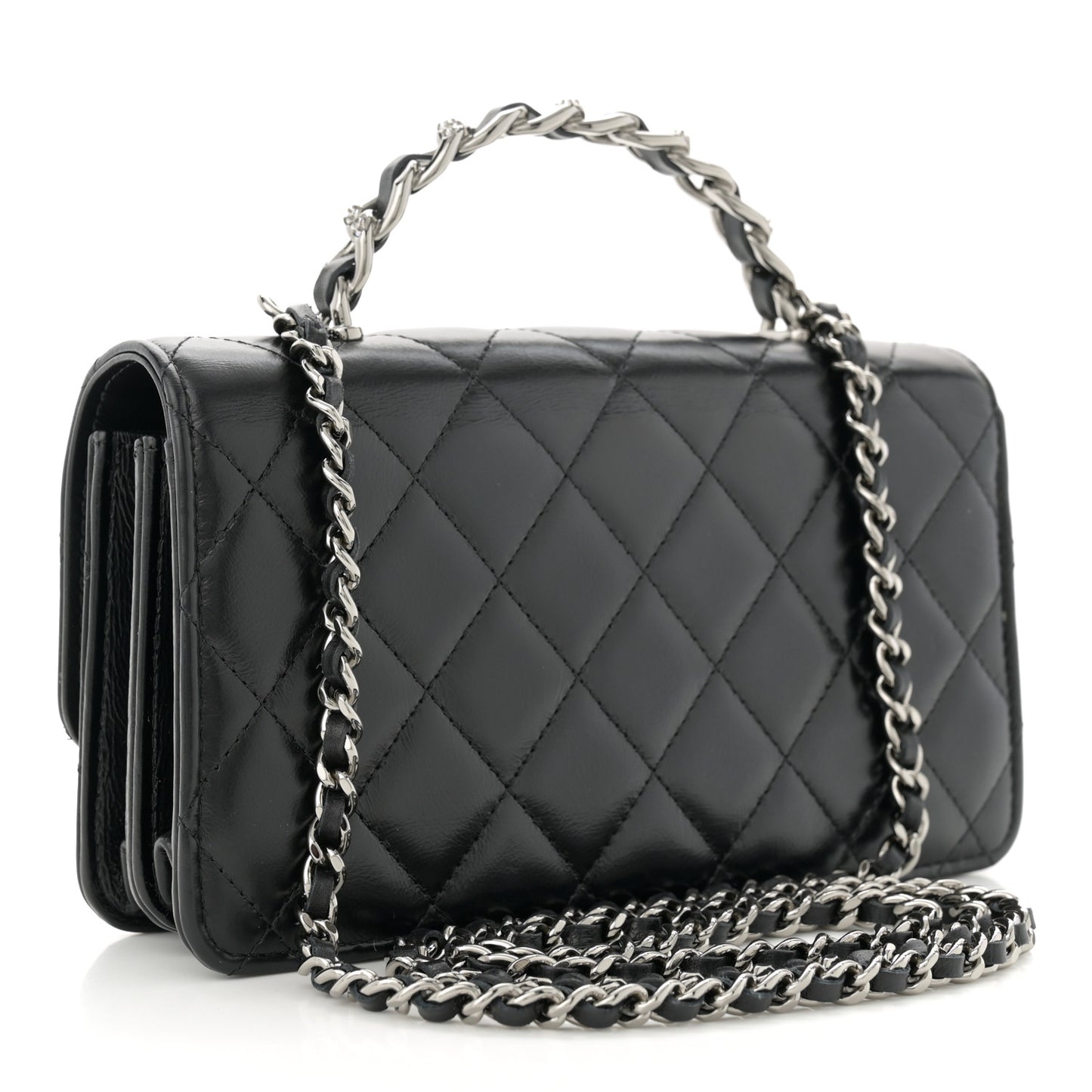 Shiny Crumpled Calfskin Crystal Quilted Precious Handle Clutch With Chain Black