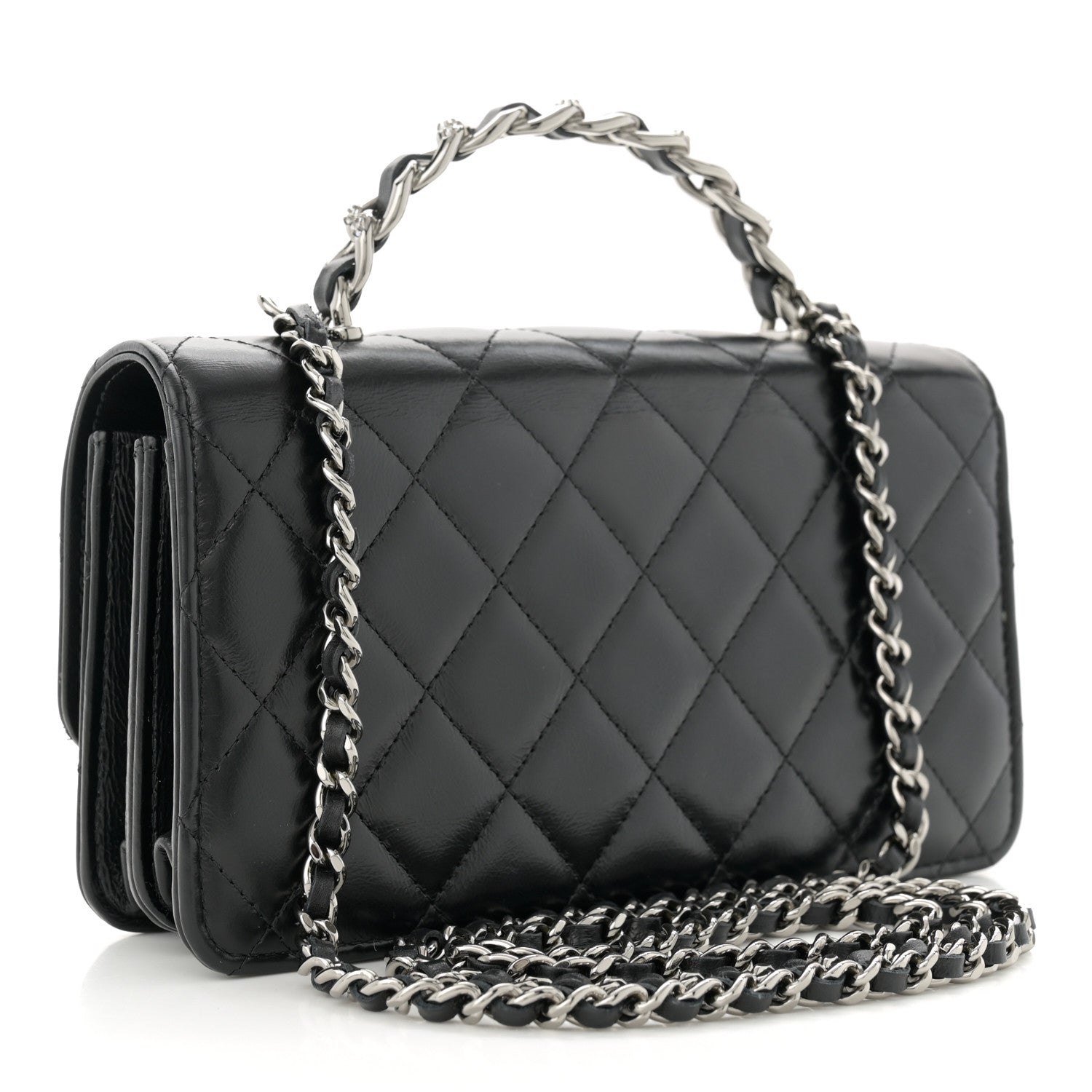 Chanel Shiny Crumpled Calfskin Crystal Quilted Precious Handle Clutch With Chain Black 3 of 11