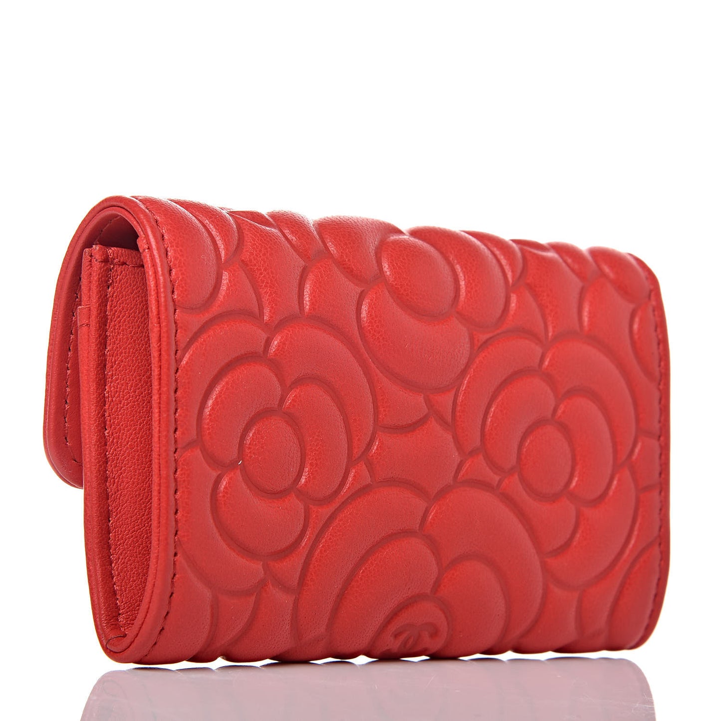 Goatskin Camellia Embossed Card Holder Red