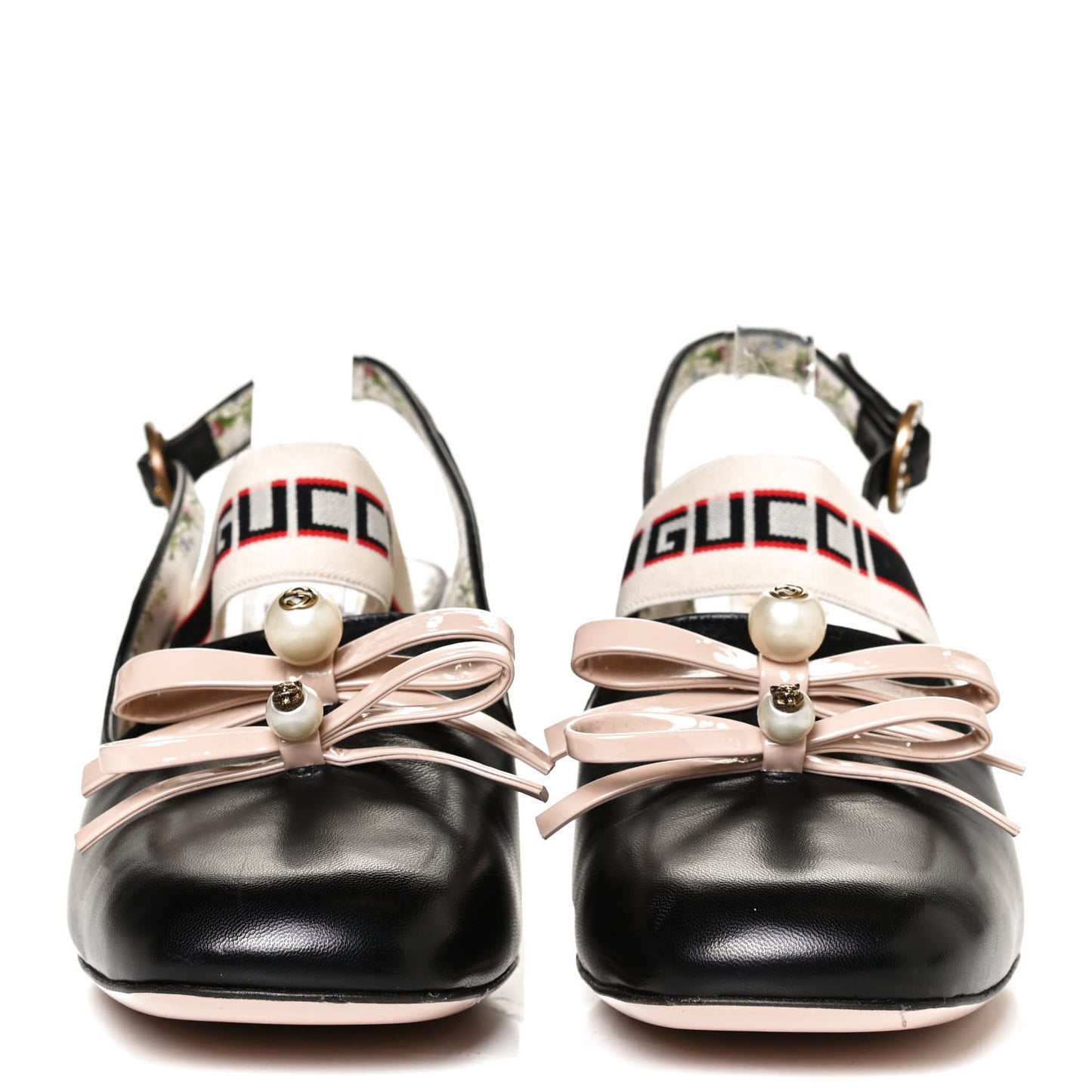 Malaga Kid Bow Ace Stripe Mid Heel Slingback Pumps 39.5 Black