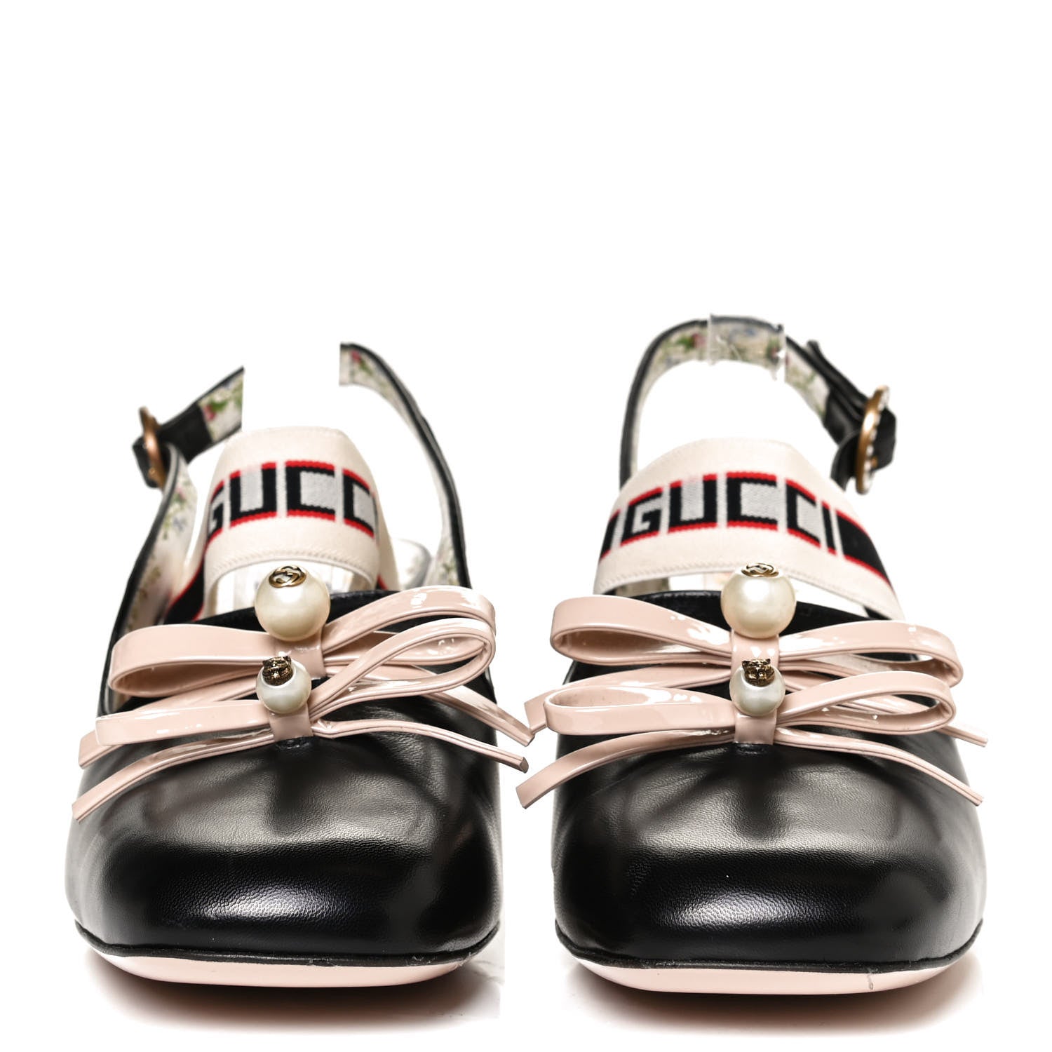 Gucci Malaga Kid Bow Ace Stripe Mid Heel Slingback Pumps 39.5 Black 2 of 9