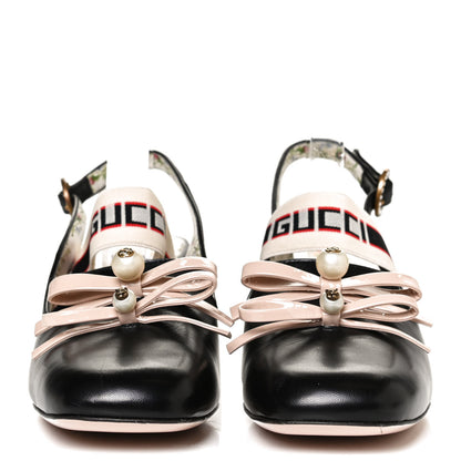 Gucci Malaga Kid Bow Ace Stripe Mid Heel Slingback Pumps 39.5 Black 2 of 9