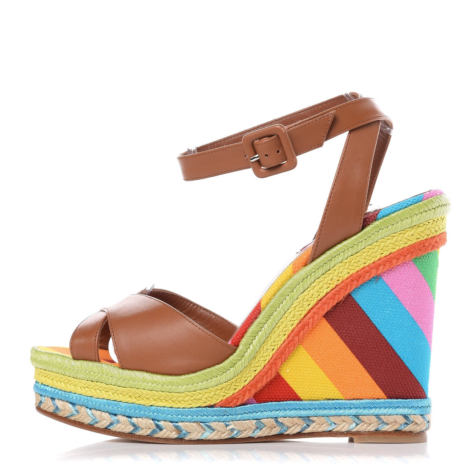 Valentino Garavani Calfskin Canvas Raffia Chevron Print 1973 Espadrille Wedge Sandals 38 Alpaca Multicolor 1 of 10