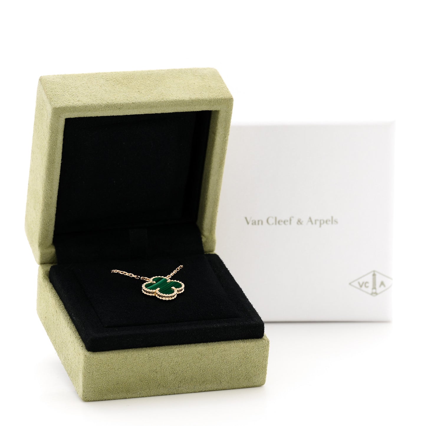 18K Yellow Gold Malachite Vintage Alhambra Pendant Necklace