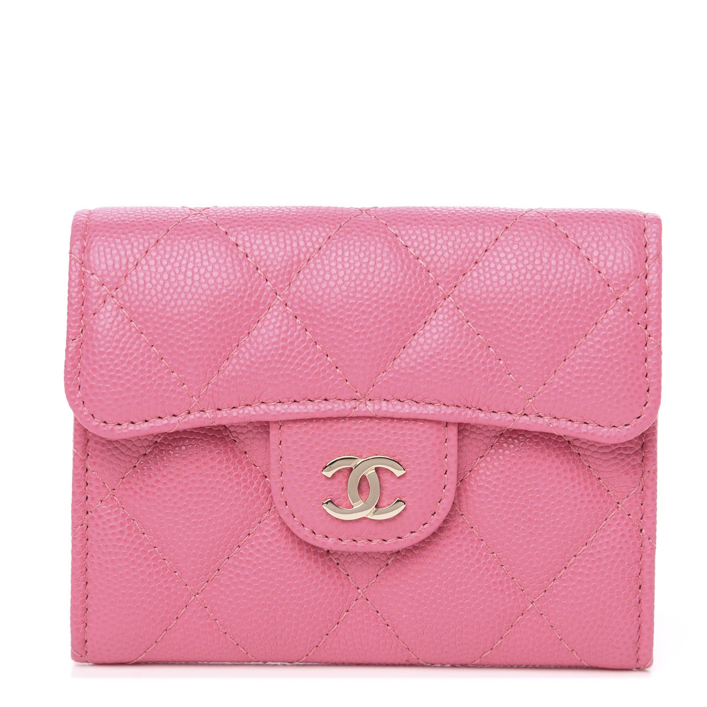 Iridescent Caviar Quilted Flap Card Holder Wallet Pink