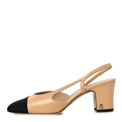 Chanel Goatskin Grosgrain Cap Toe CC Slingback Pumps 38 Beige Black 1 of 7
