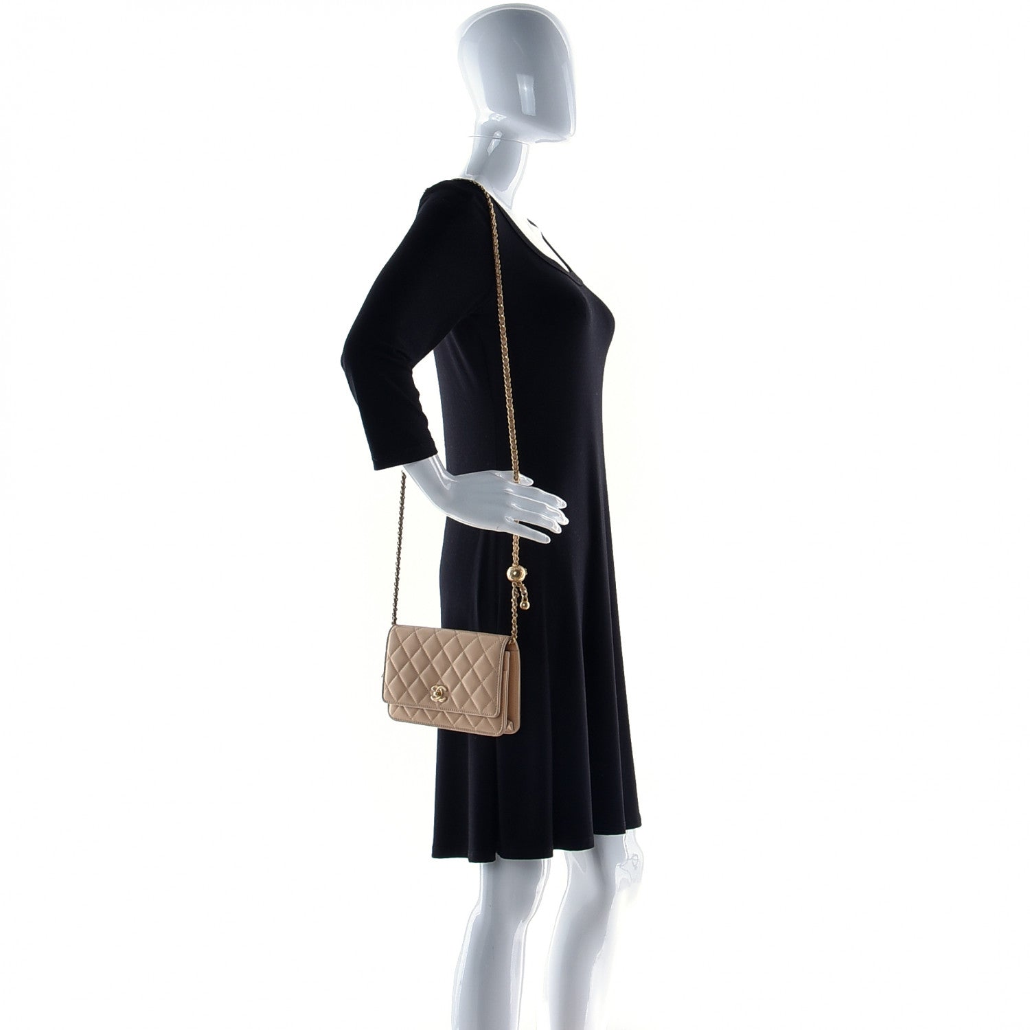 Chanel Lambskin Quilted CC Pearl Crush Wallet on Chain WOC Beige 3 of 12