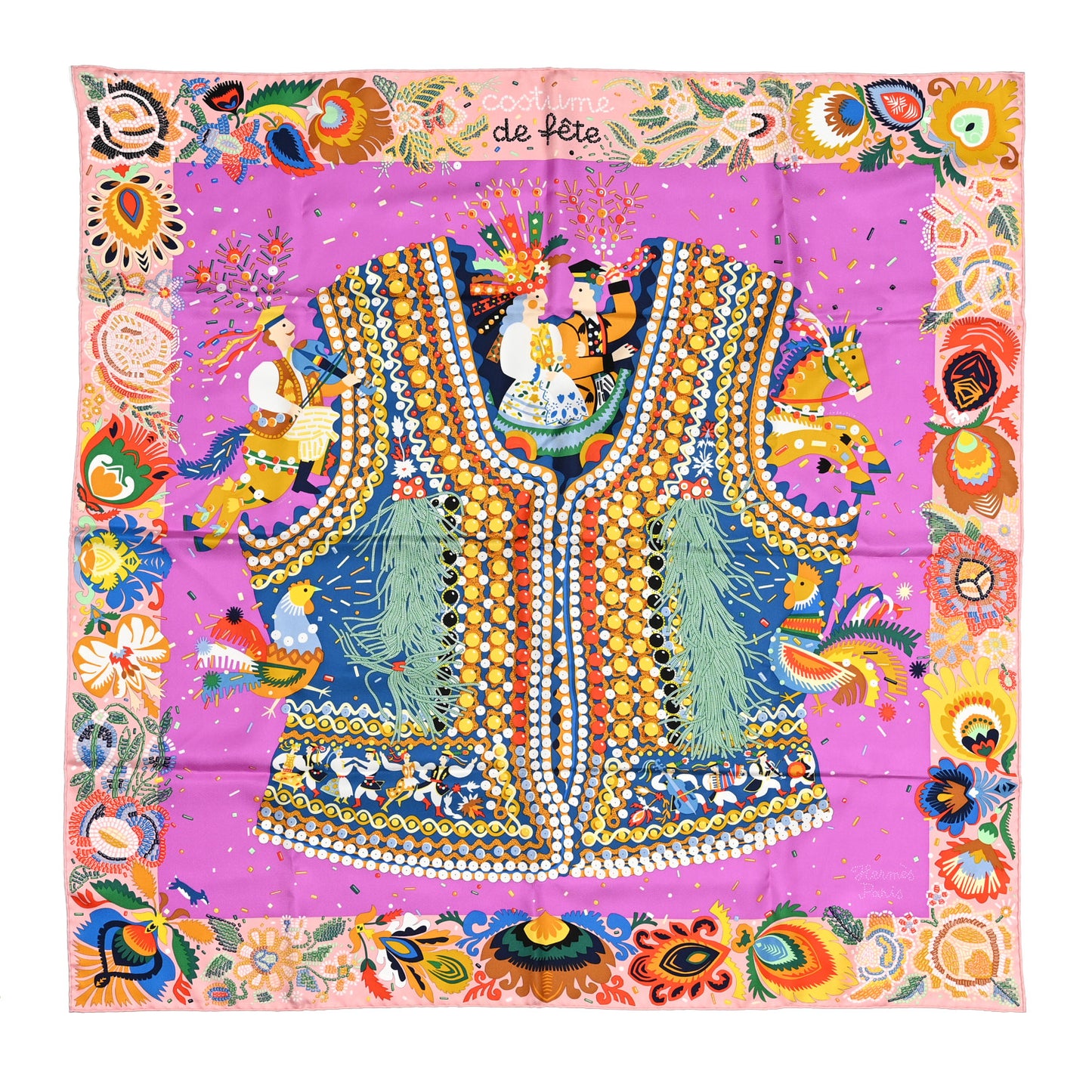 Silk Costume de Fete Scarf 90 Rose Poudre Cyclamen Jaune