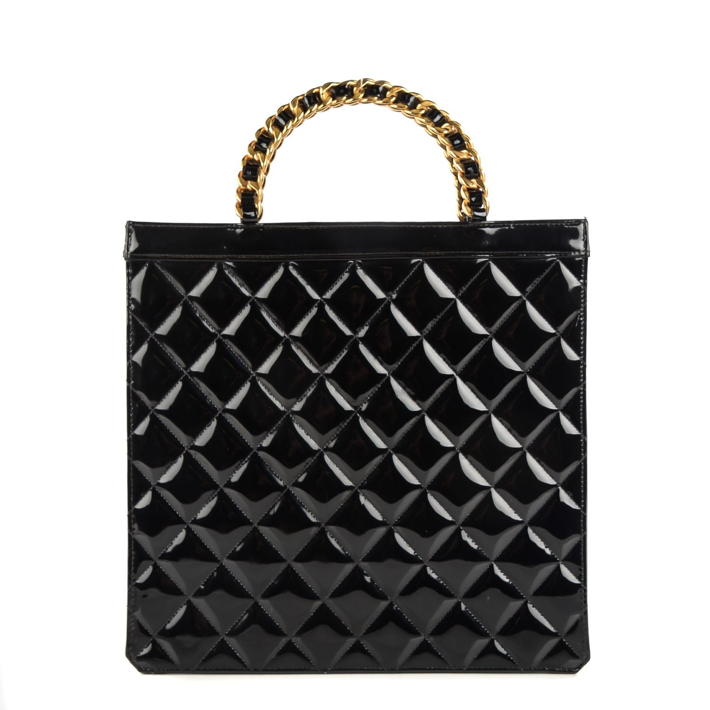 Patent Quilted Chain Handle Tote Black