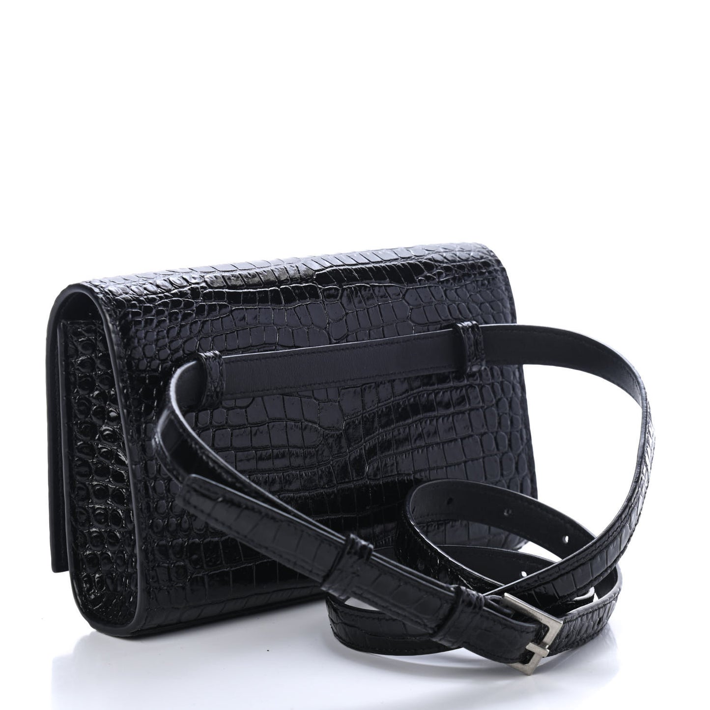 Calfskin Crocodile Embossed Monogram Kate Belt Bag Black