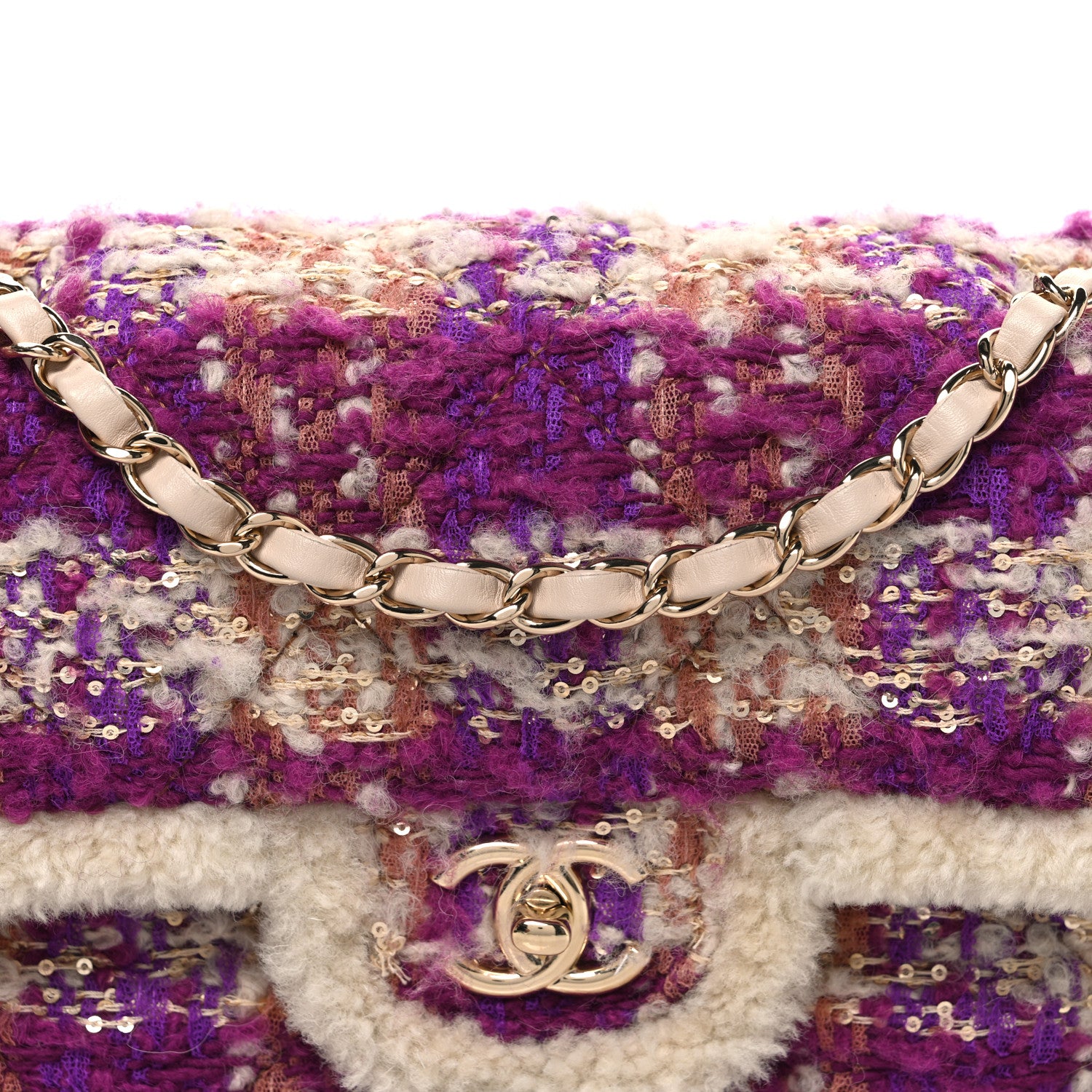 Chanel Tweed Shearling Large Flap Bag Purple Beige 8 of 10