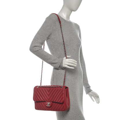 Chanel Lambskin Chevron Double Stitch Jumbo Single Flap Red 2 of 7