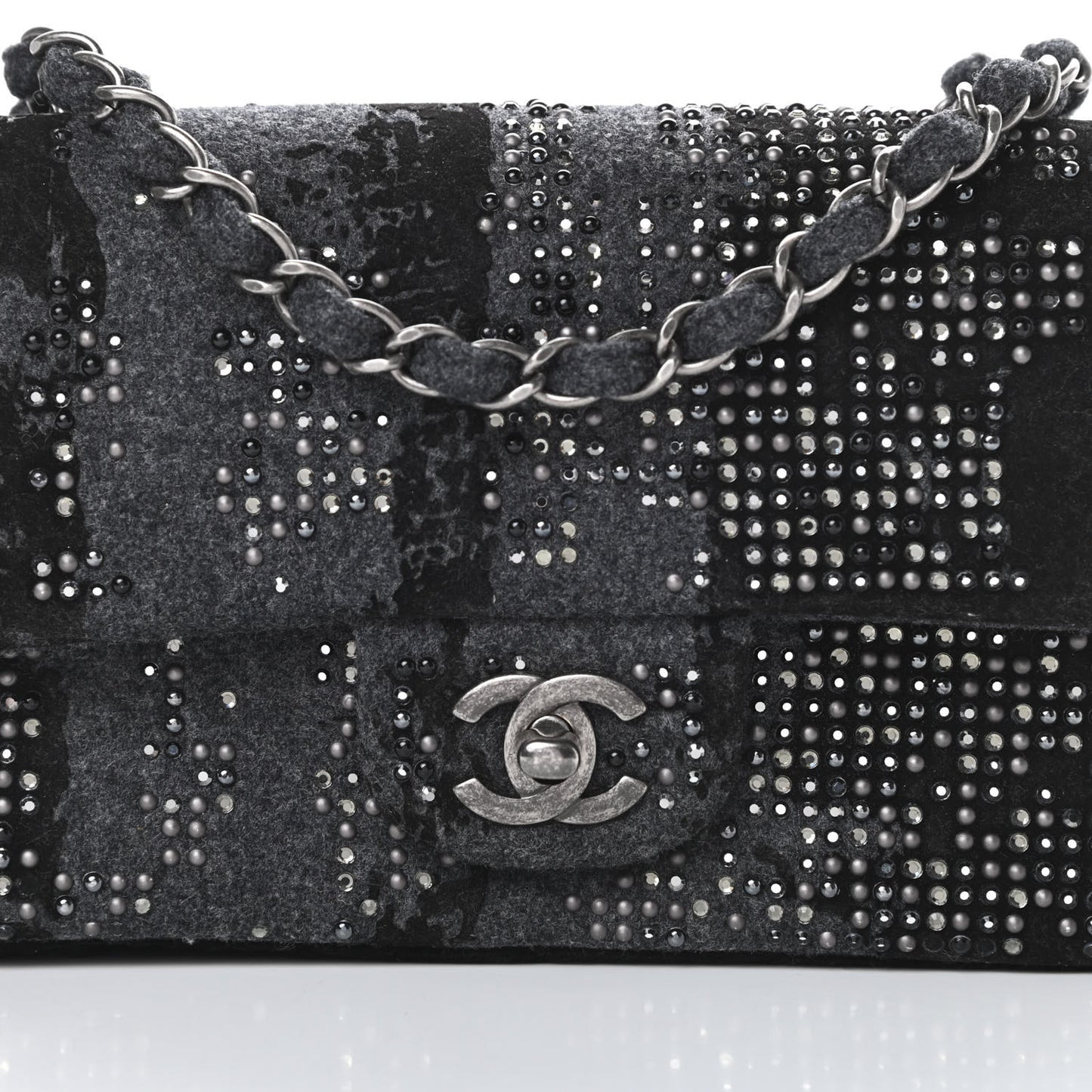 Wool Velvet Crystal Studded Mini Rectangular Flap Grey Black
