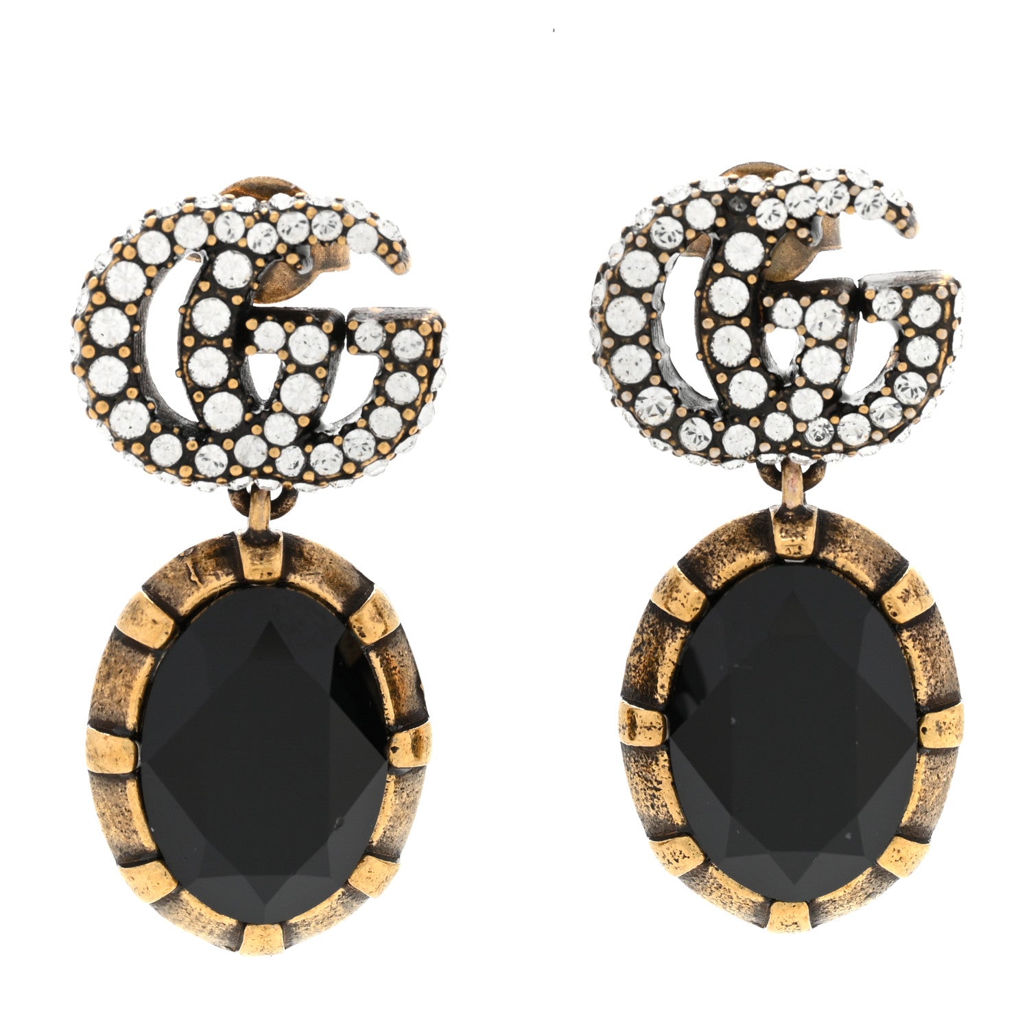 Gucci Crystal Double G Earrings Black Aged Gold 1 of 5