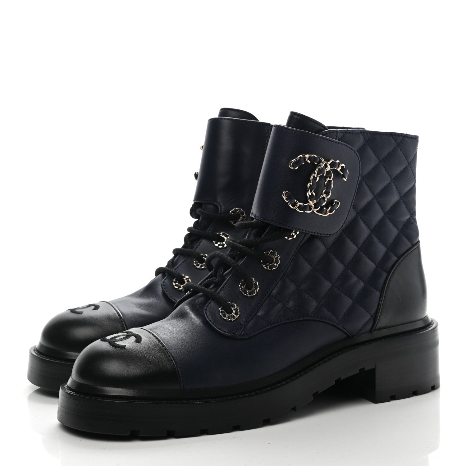 Chanel Lambskin Calfskin Quilted Lace Up Combat Boots 39 Navy Black 3 of 11