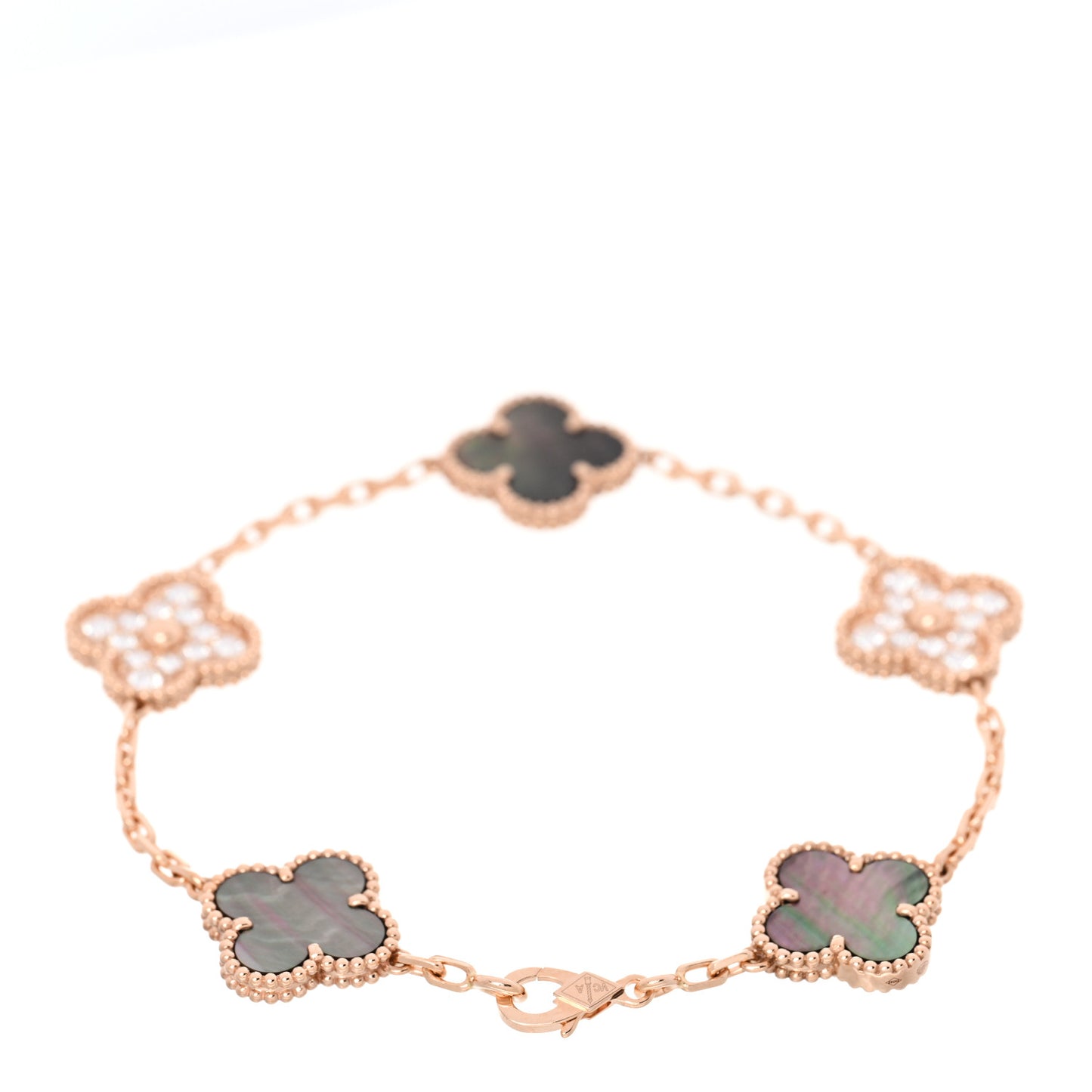 18K Rose Gold Diamond Gray Mother of Pearl 5 Motifs Vintage Alhambra Bracelet