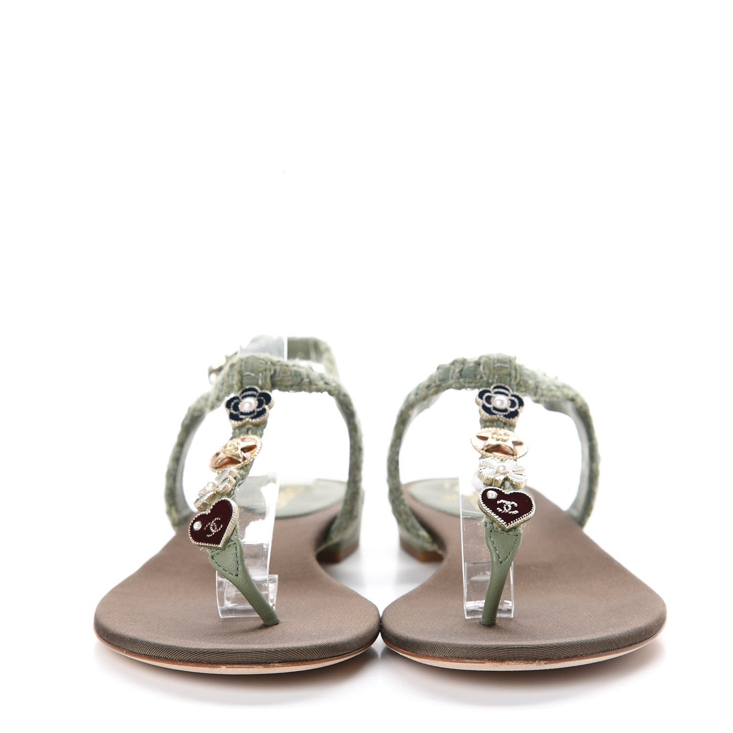 Tweed CC Charm Thong Sandals 36.5 Dark Green