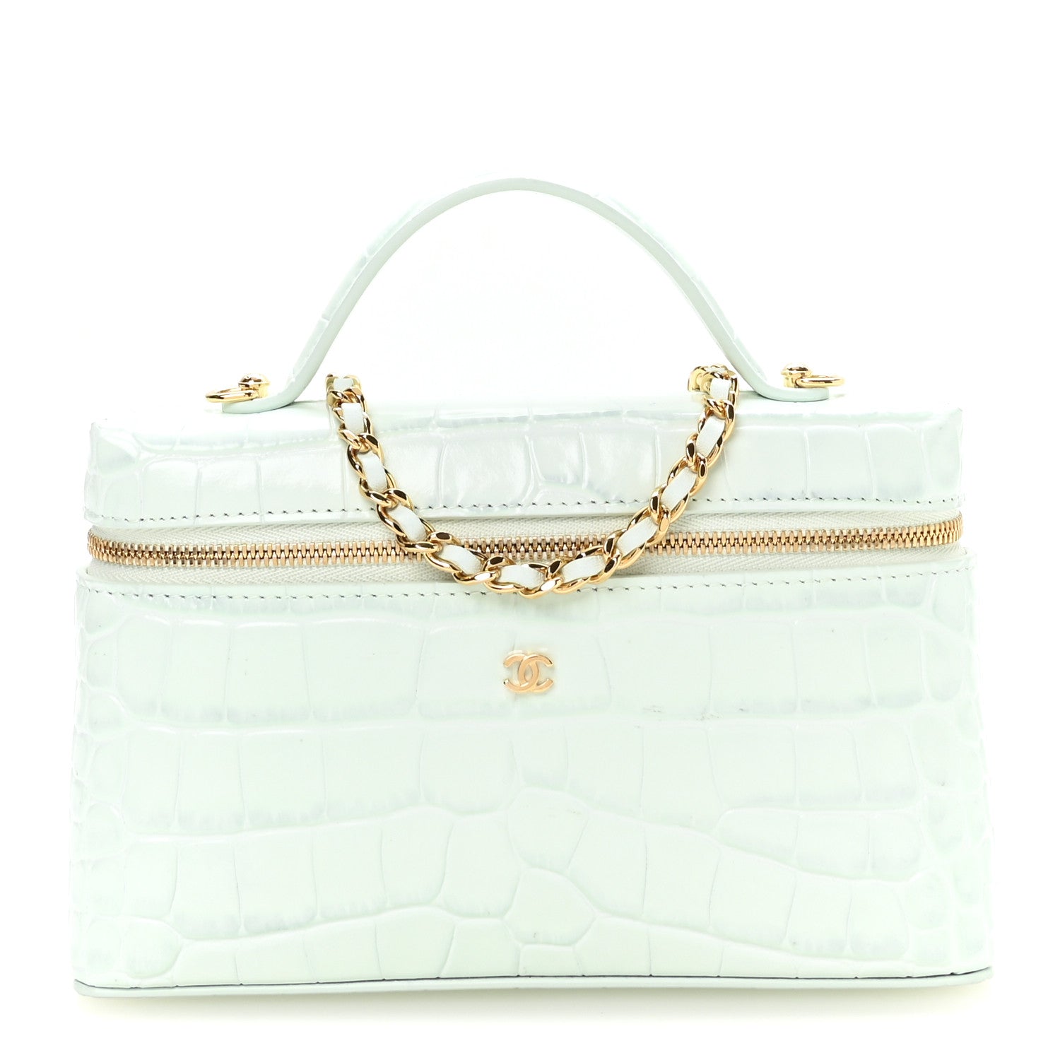Chanel Calfskin Crocodile Embossed Crococo Top Handle Slim Vanity Case With Chain Light Blue 1 of 11