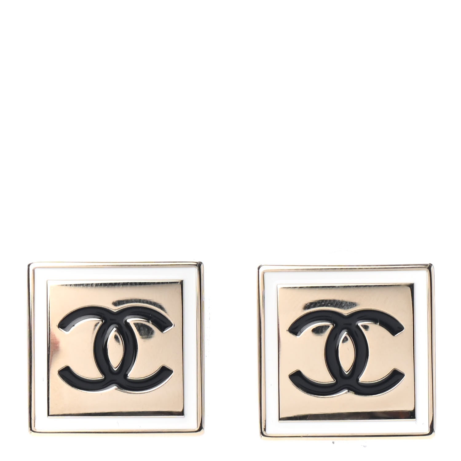 Chanel Metal Enamel CC Square Earrings Gold Black White 1 of 4