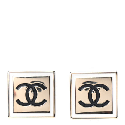 Chanel Metal Enamel CC Square Earrings Gold Black White 1 of 4