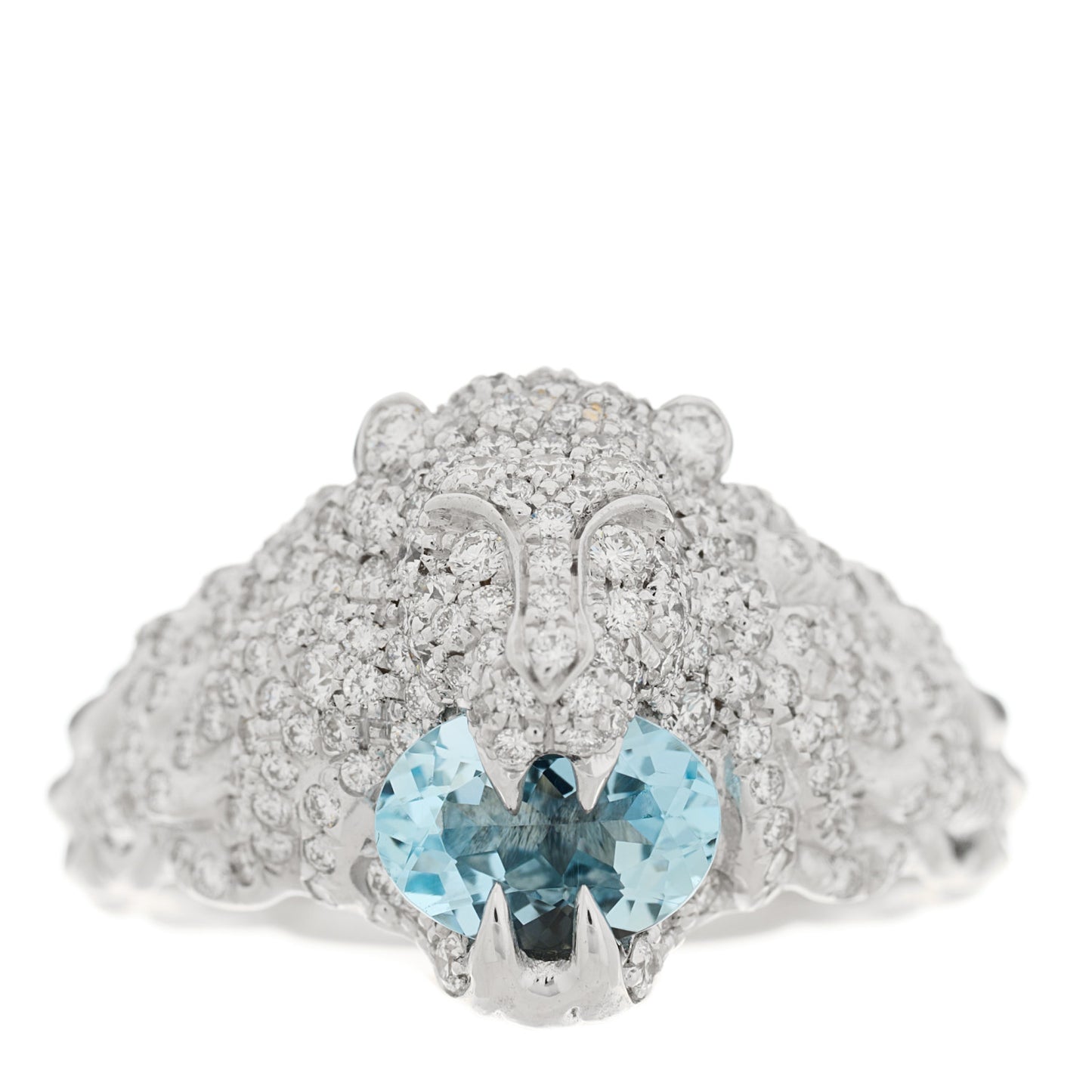 18K White Gold Diamond Aquamarine Pave Lion Head Ring 52 6