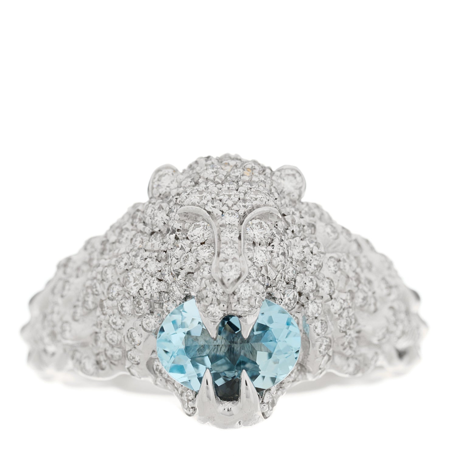 Gucci 18K White Gold Diamond Aquamarine Pave Lion Head Ring 52 6 1 of 5