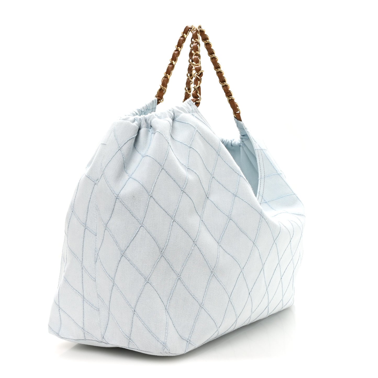 Denim Calfskin Quilted Coco Beach Small Shopping Tote Light Blue Brown