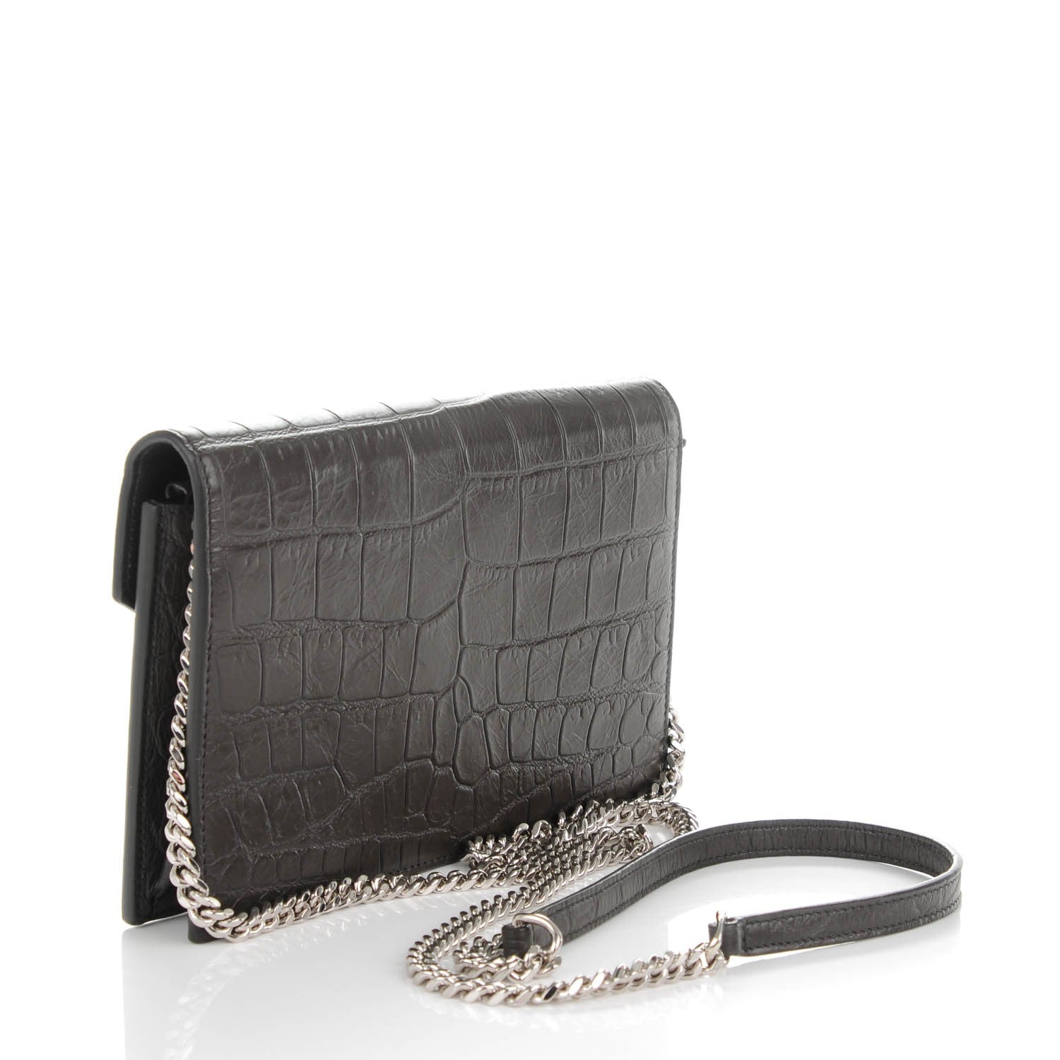 Saint Laurent Calfskin Crocodile Embossed Monogram Chain Wallet Dark Anthracite 3 of 8