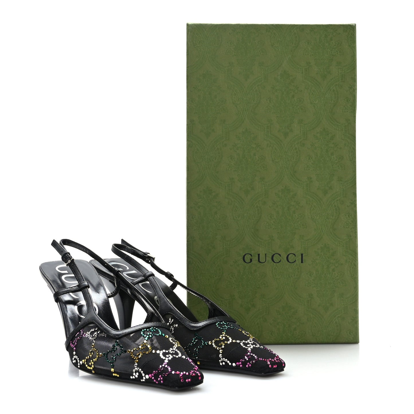 Tela Retino Nappa Charlotte Crystal GG Monogram Square G 75mm Slingback Pumps 36 Black