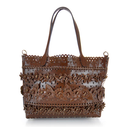 Valentino Garavani Calfskin Punched Lace Floral Tote Cognac 1 of 8