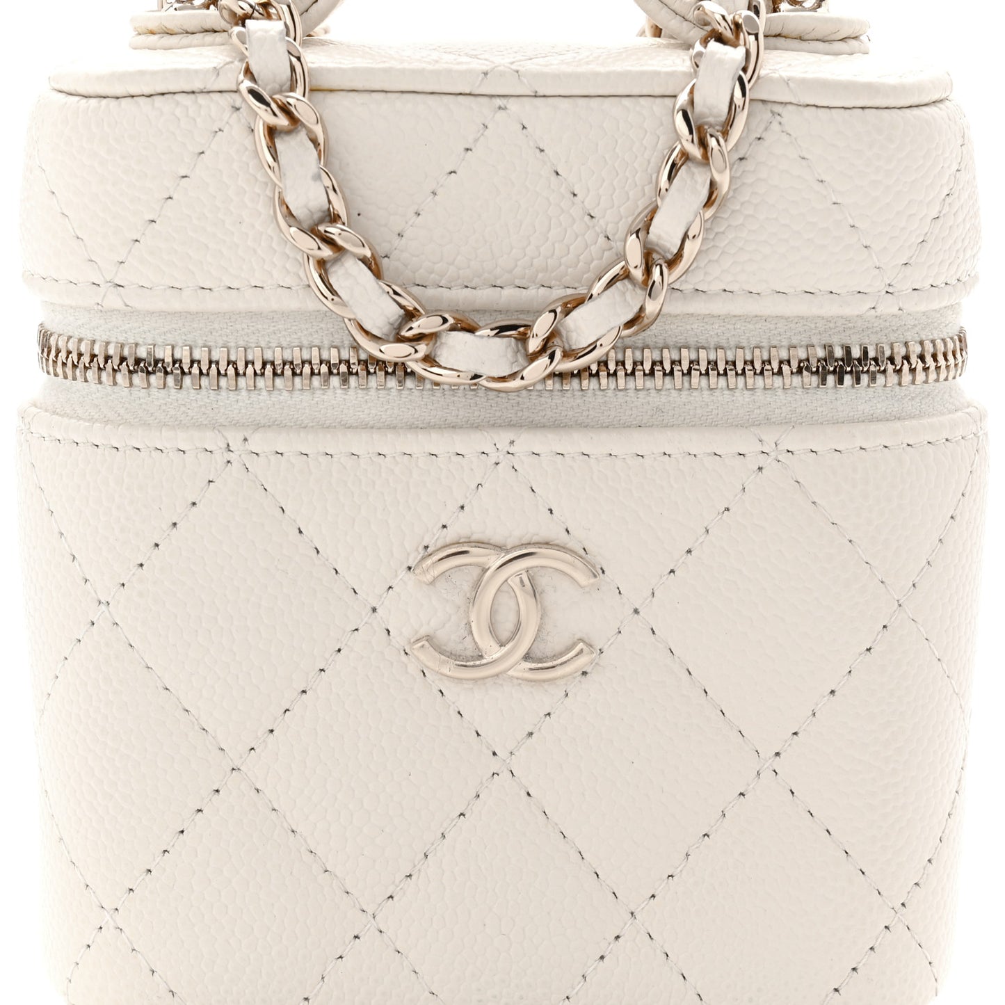 Caviar Quilted Small Handle With Care Vanity Case With Chain White