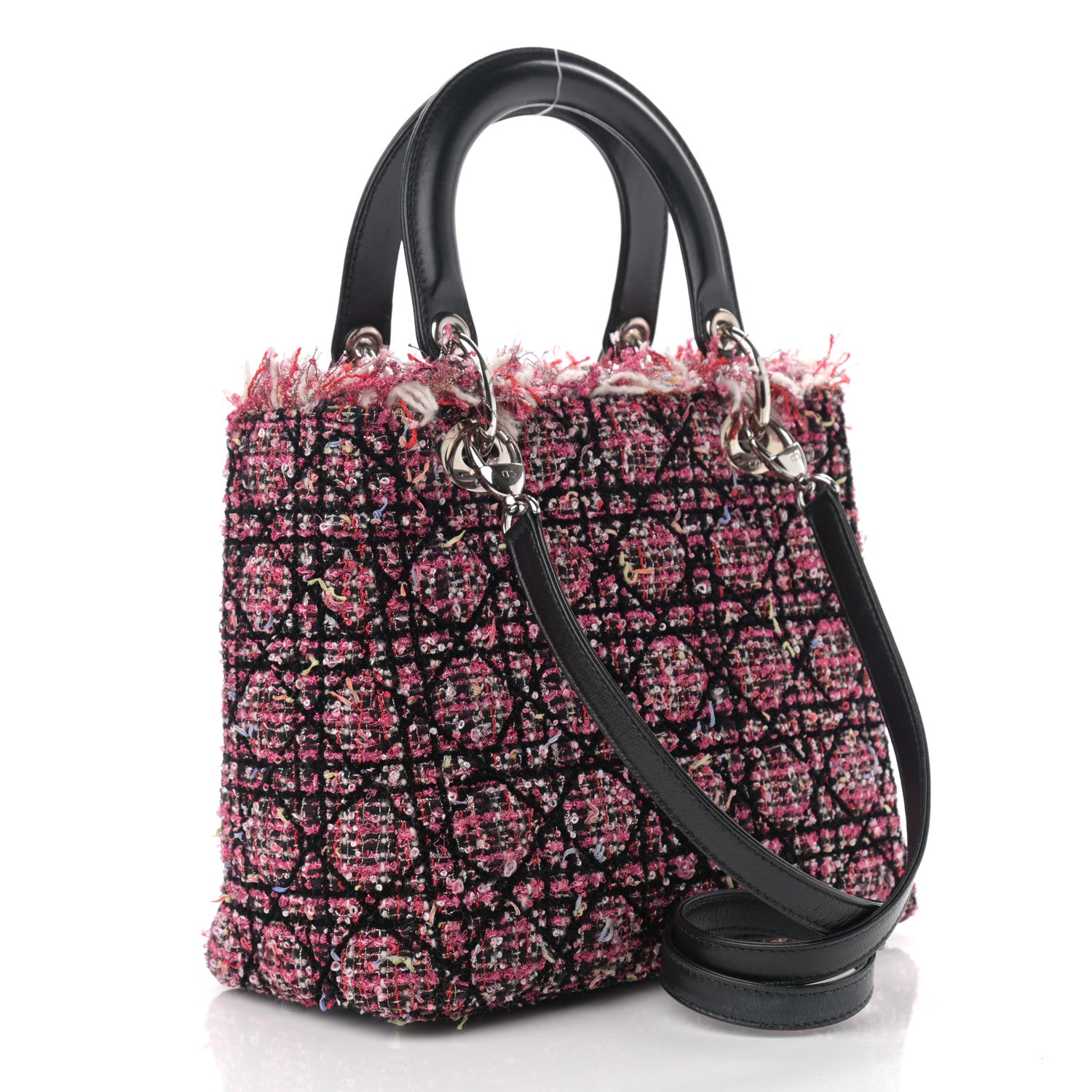 Christian Dior Tweed Fringe Cannage Embroidered Medium Lady Dior Pink Black Multicolor 3 of 13