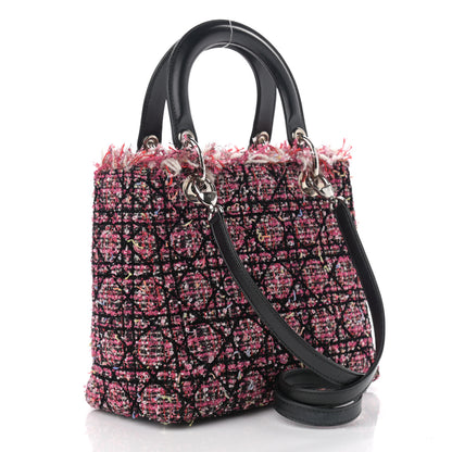 Christian Dior Tweed Fringe Cannage Embroidered Medium Lady Dior Pink Black Multicolor 3 of 13