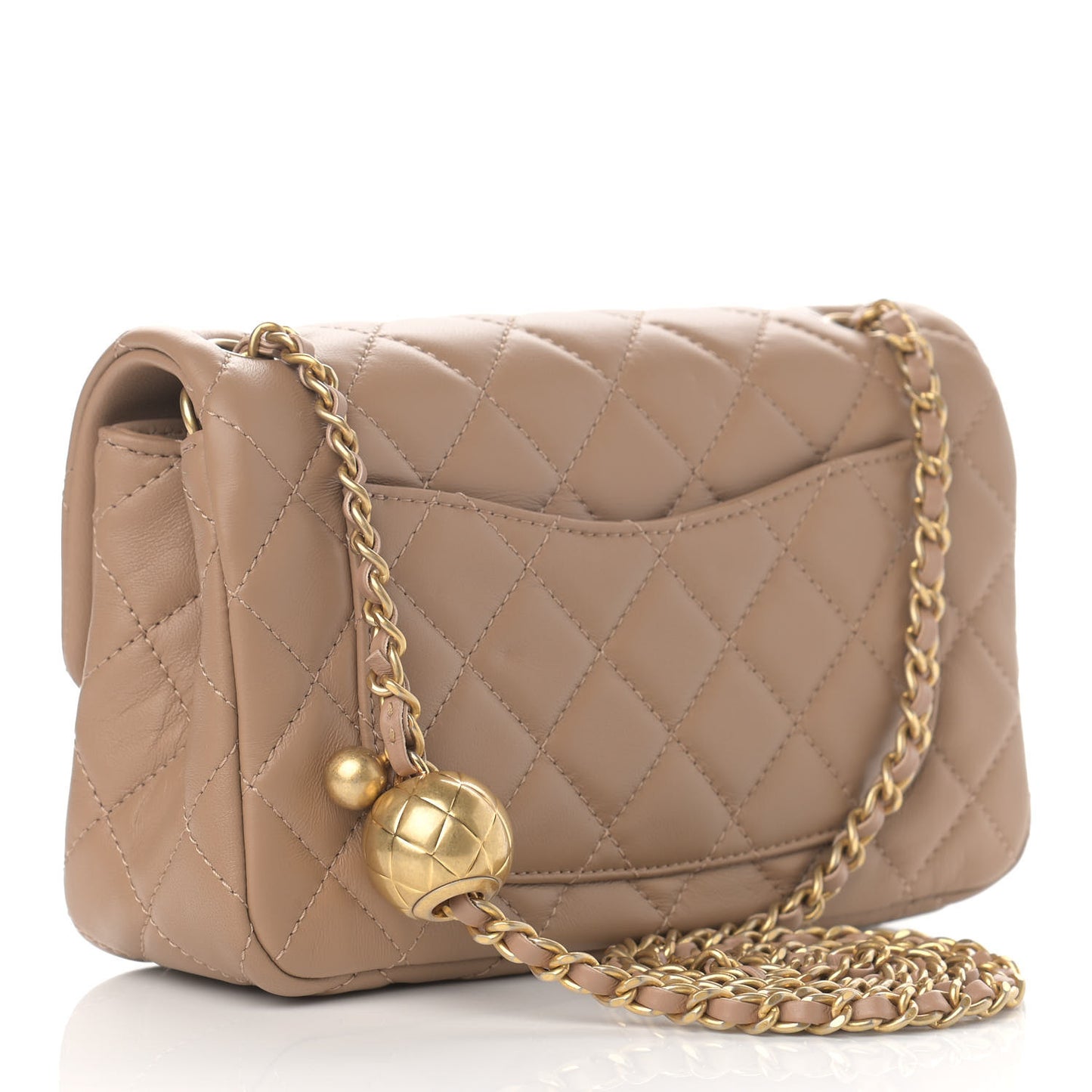 Lambskin Quilted Mini Rectangular Pearl Crush Flap Dark Beige