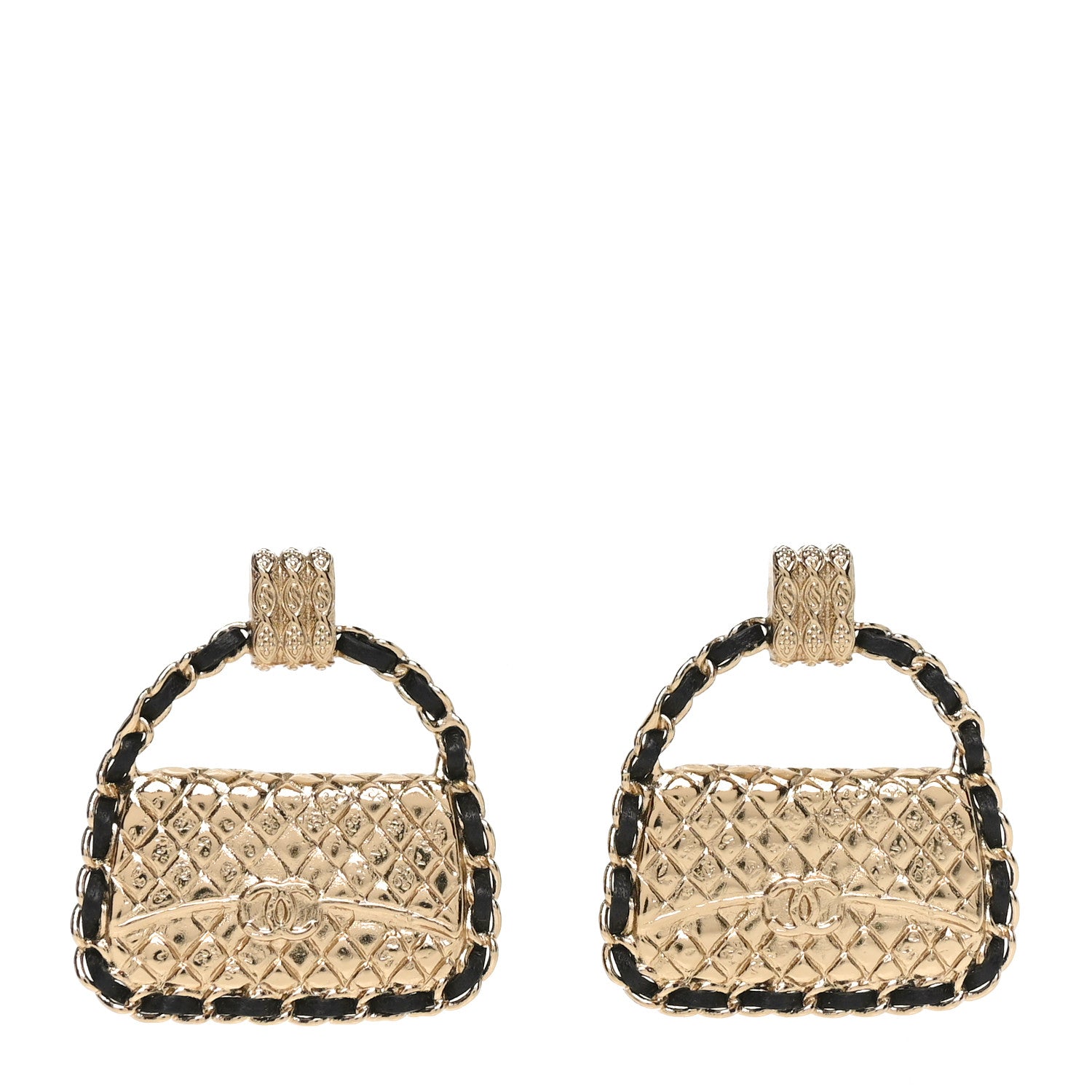 Chanel Metal Lambskin Quilted CC Chain Flap Bag Earrings Gold Black 1 of 5