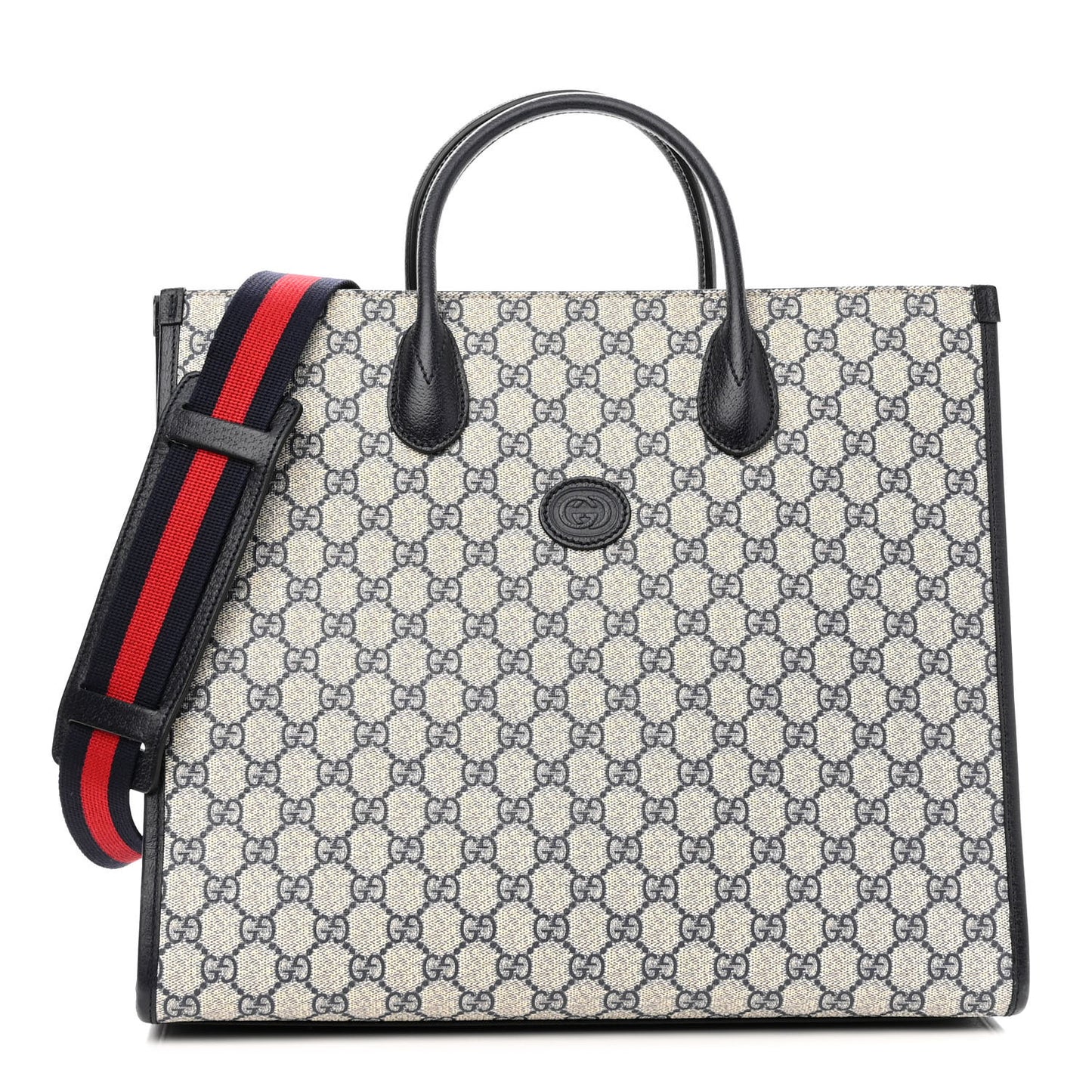 GG Supreme Monogram Textured Dollar Calfskin Web Medium Retro Interlocking G Tote Bag Beige Blue