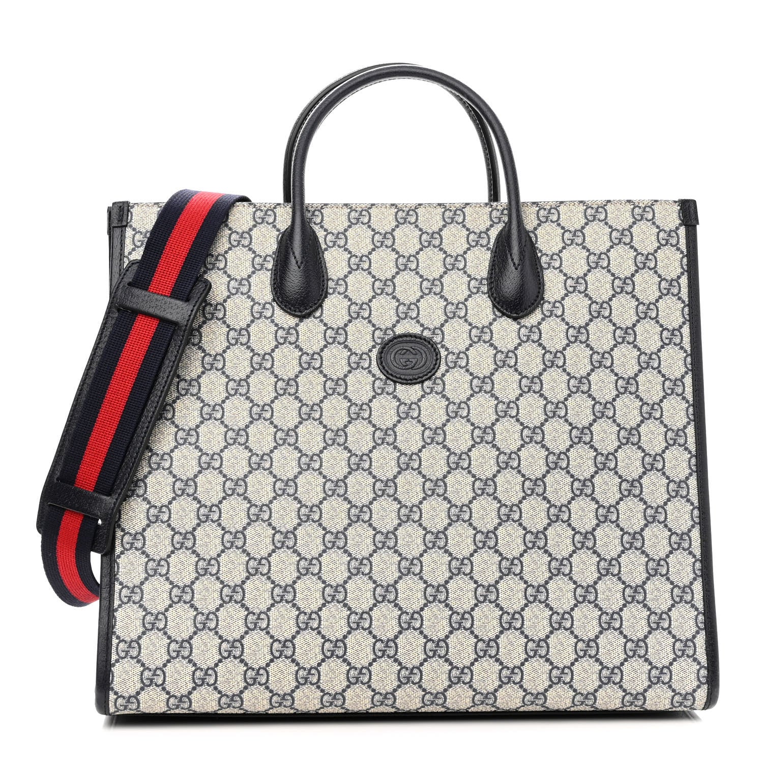Gucci GG Supreme Monogram Textured Dollar Calfskin Web Medium Retro Interlocking G Tote Bag Beige Blue 1 of 9