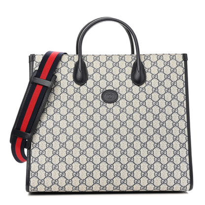 Gucci GG Supreme Monogram Textured Dollar Calfskin Web Medium Retro Interlocking G Tote Bag Beige Blue 1 of 9