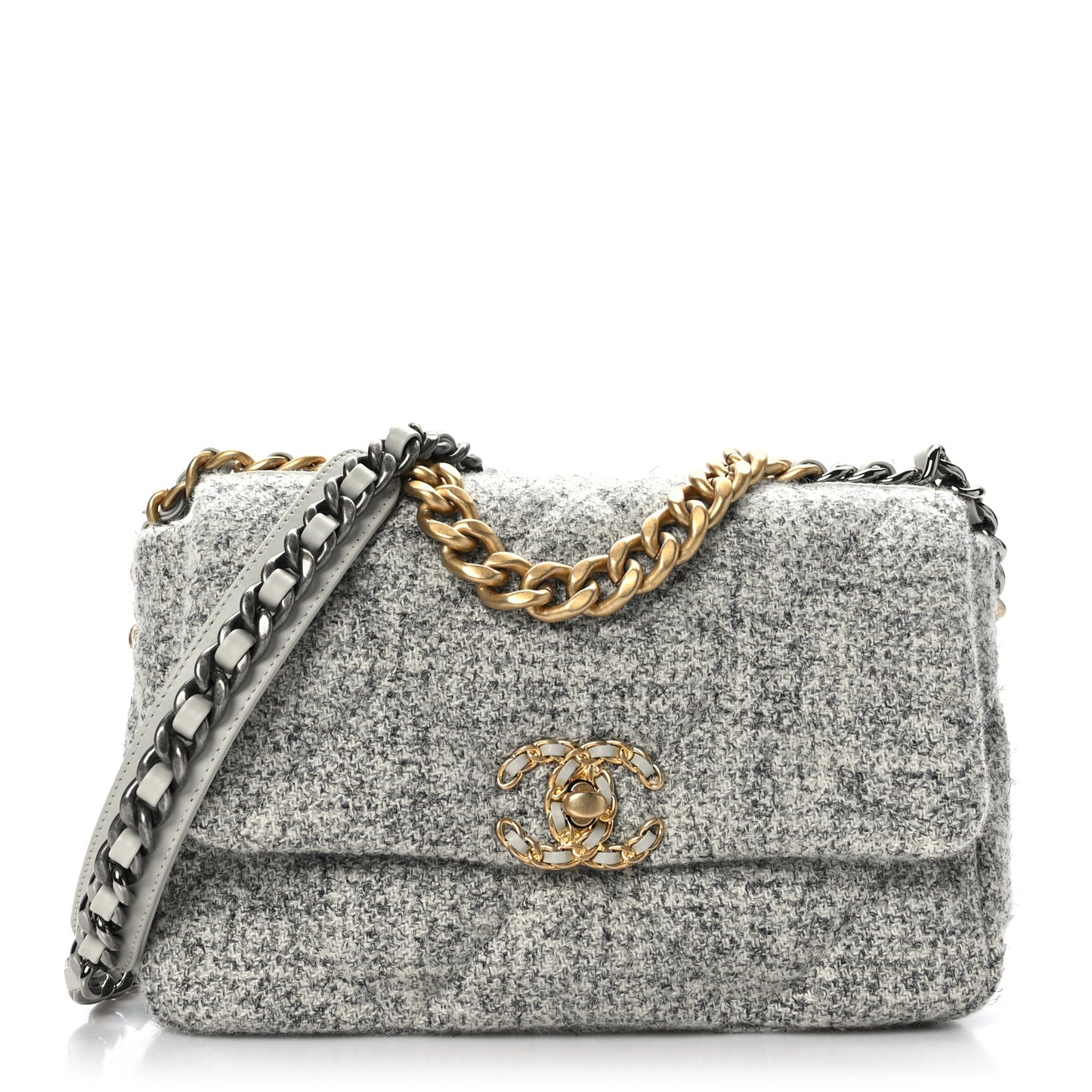 Tweed Quilted Medium Chanel 19 Flap Grey Ecru