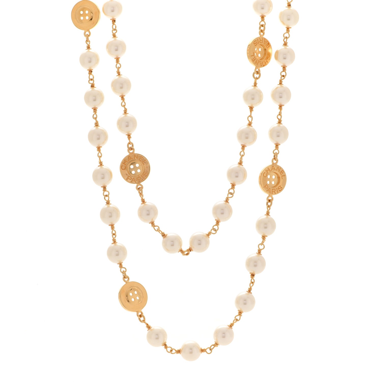 Chanel Metal Pearl Paris Button Necklace Gold 1 of 6