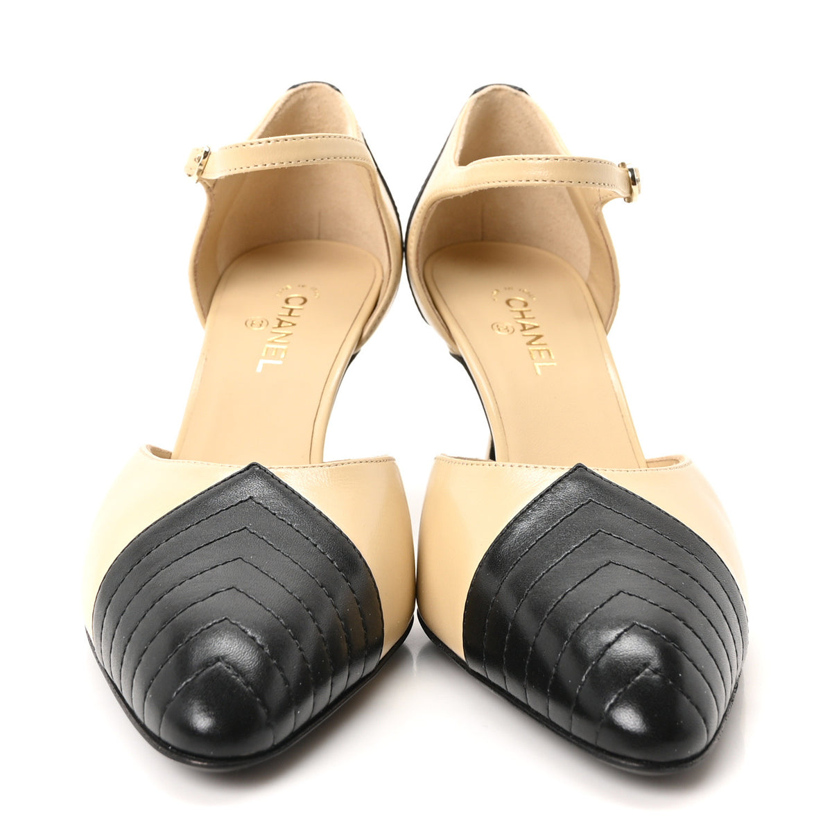 Chanel Lambskin Mary Jane Pumps 35.5 Beige Black 3 of 10