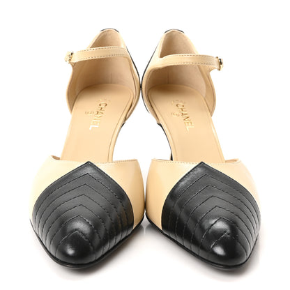 Chanel Lambskin Mary Jane Pumps 35.5 Beige Black 3 of 10